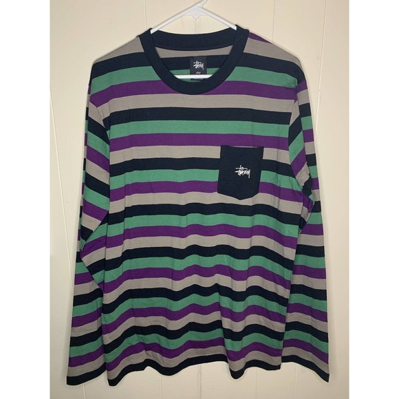 Stussy Long Sleeve Purple Green Striped Pocket T-Shirt Large EUC - Picture 2 of 7